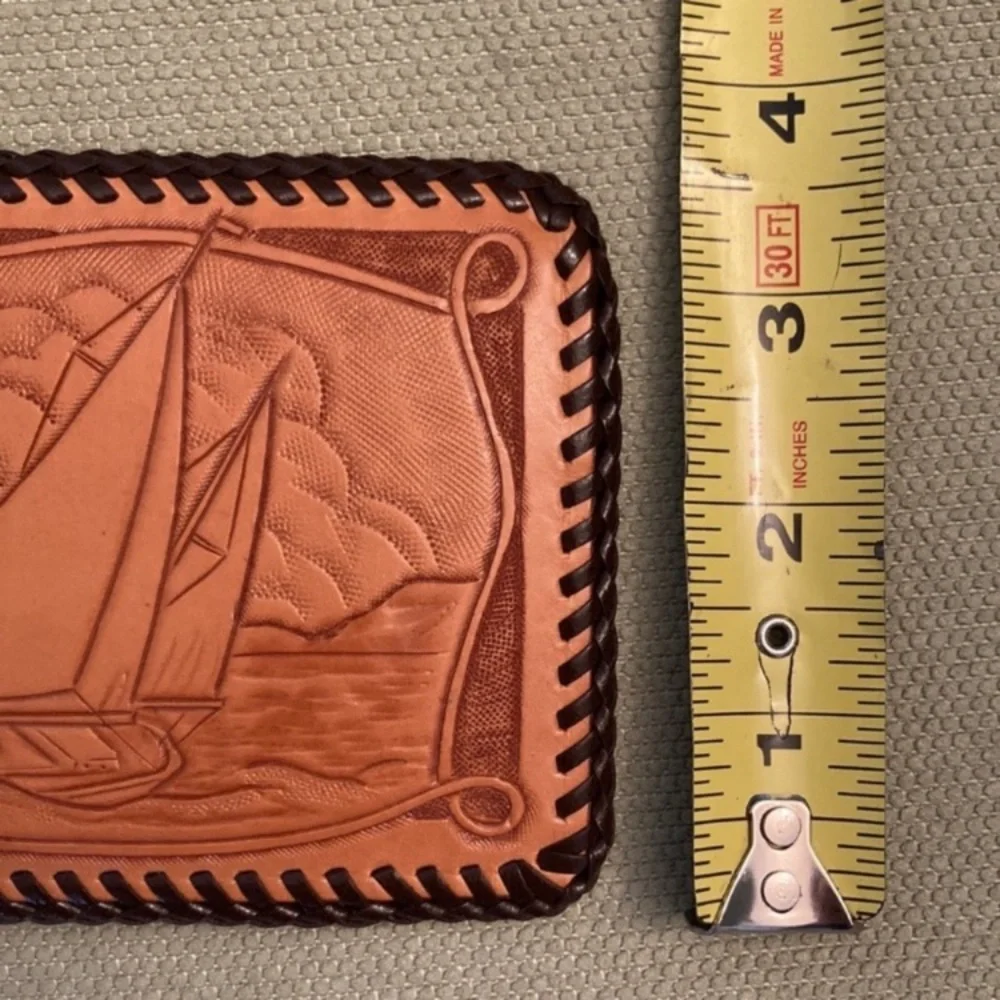 Unused vintage 50s 60s wallet billfold, embossed leather with sailboat and wheel